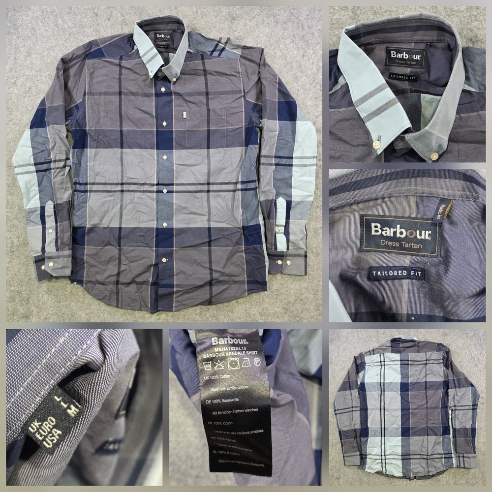 Barbour Shirt Mens Large Blue Dress Tartan Tailored Fit Plaid Cotton Button Down